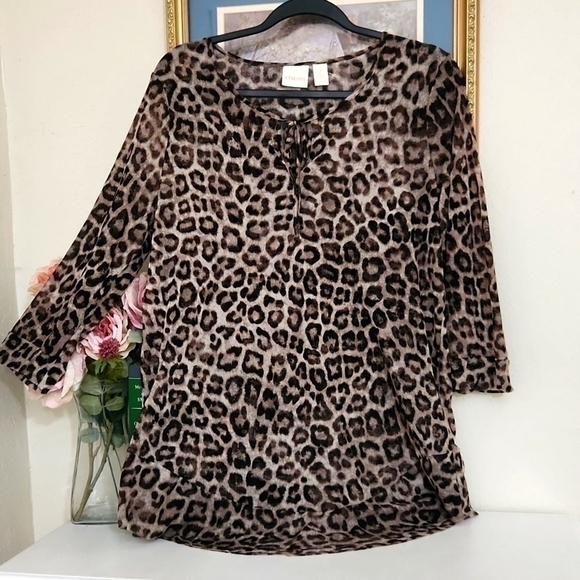 Chicos Leopard print sheer Top Tunic waterfall hem Career Contemporary - Picture 1 of 12